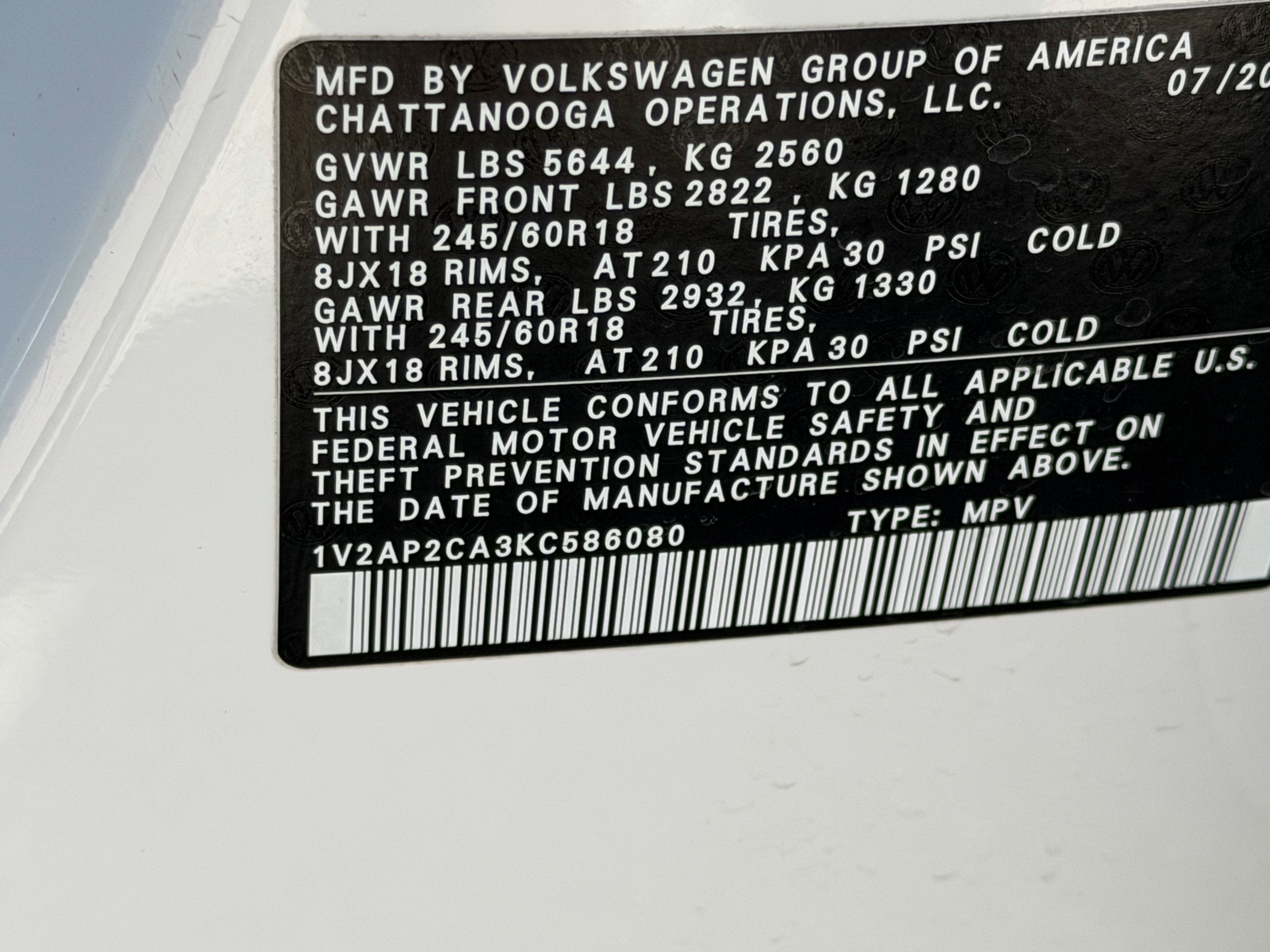 2019 Volkswagen Atlas 2.0T S